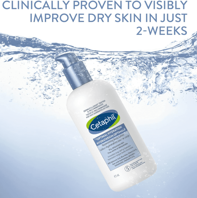 Cetaphil Optimal Hydration Replenishing Body Lotion for Sensitive, Dry and Dehydrated Skin – 48hr Hydration – With Hyaluronic Acid, Vitamin E & Vitamin B5 – Dermatologist Recommended, 473ml