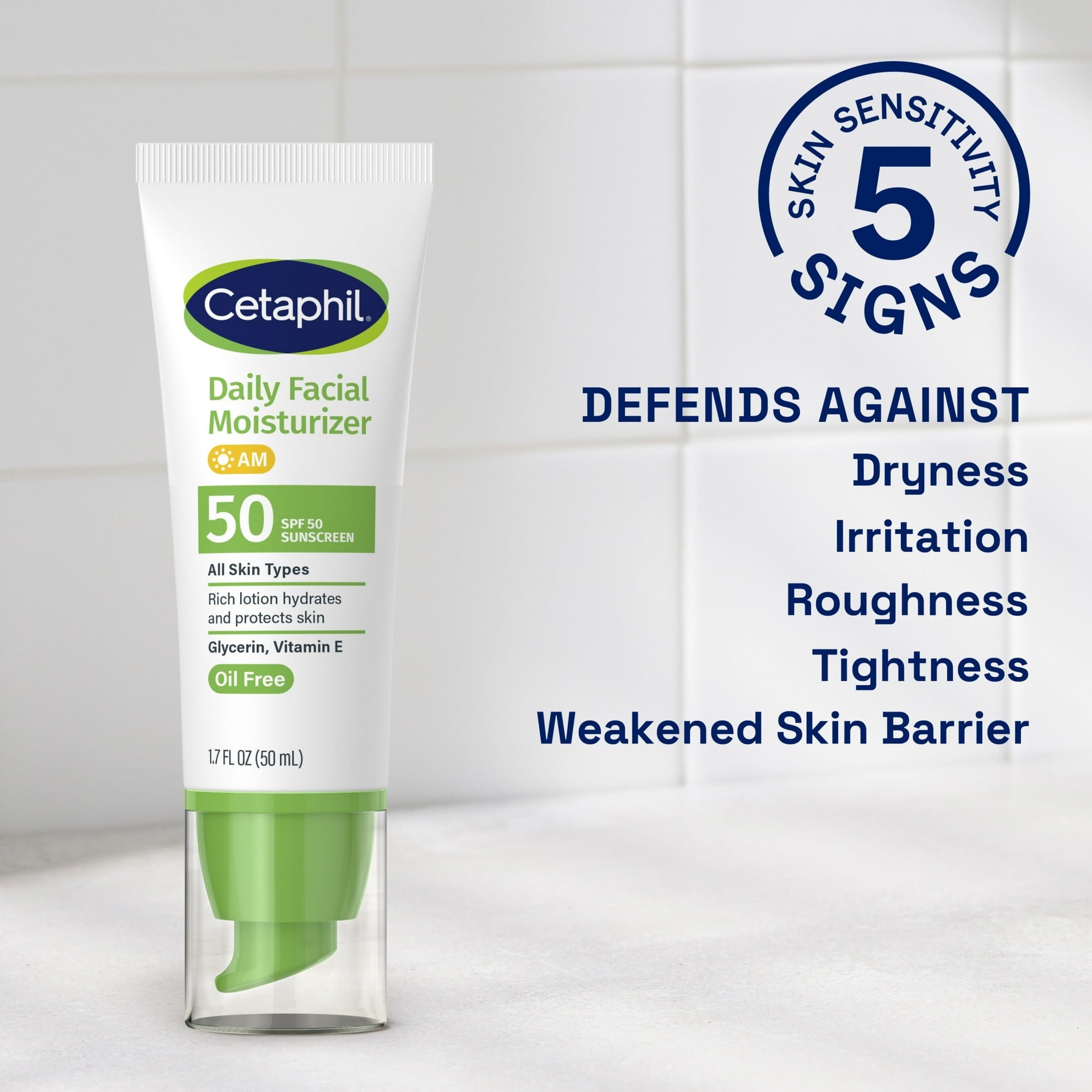 CETAPHIL Daily Facial Moisturizer SPF 50, 1.7 Fl Oz (Pack of 2), Gentle Facial Moisturizer For Dry to Normal Skin Types, No Added Fragrance, Dermatologist Recommended (Packaging May Vary)