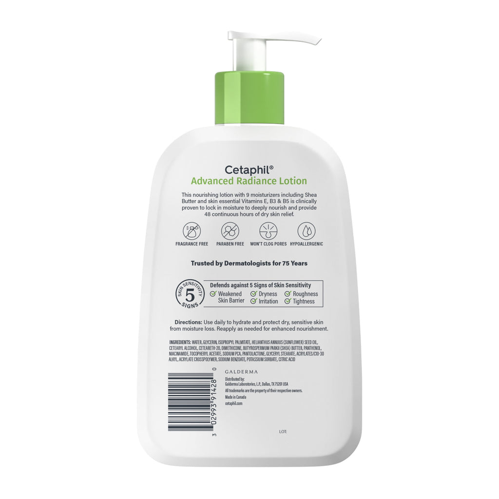 Cetaphil Advanced Radiance Body Lotion with Shea Butter for Sensitive Skin, Fragrance Free, 16 fl oz