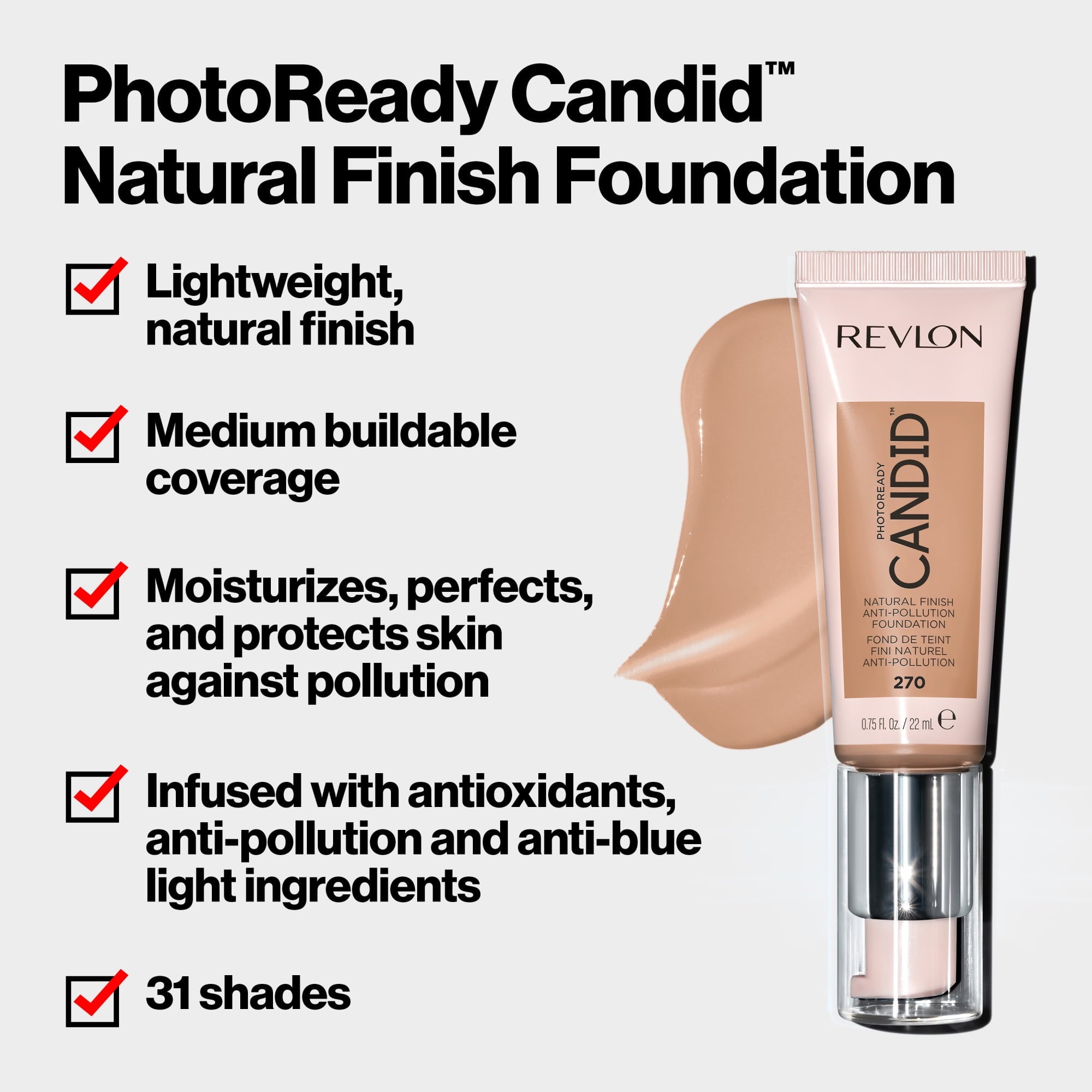 Revlon PhotoReady Candid Natural Finish Anti-Pollution Foundation, 350 Natural Tan, 0.75 fl oz.