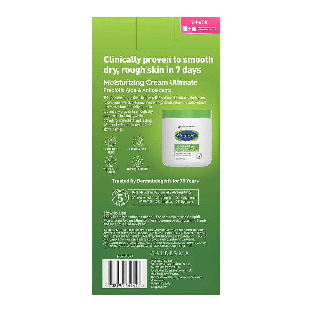 Cetaphil Moisturizing Cream Ultimate with Prebiotic Aloe, Very Dry to Dry Sensitive Skin, 20 oz + 16 oz, 2 Pack