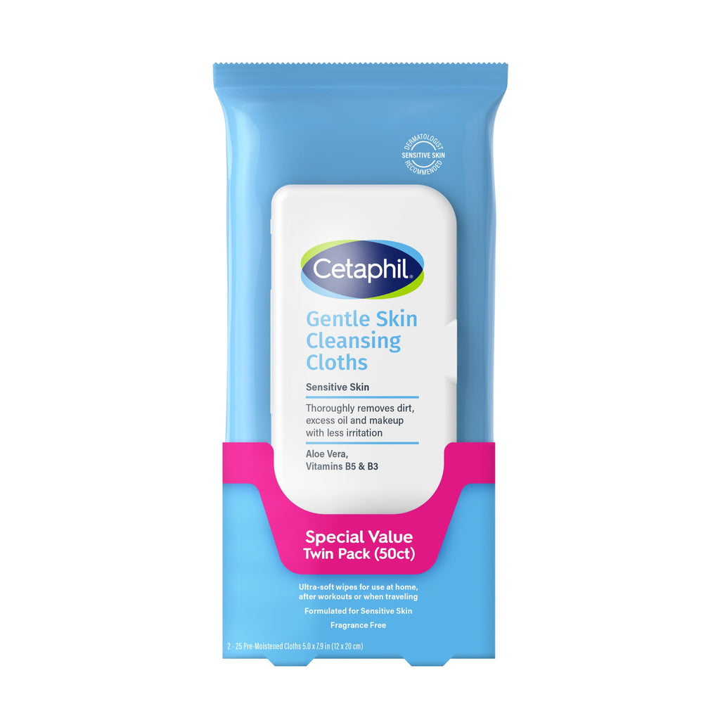Cetaphil Gentle Skin Cleansing Cloth Wipes for Face and Body, Fragrance Free, 50 ct, Twin Pack