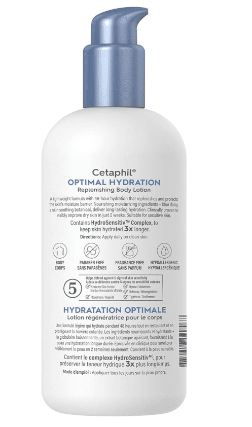 Cetaphil Optimal Hydration Replenishing Body Lotion for Sensitive, Dry and Dehydrated Skin – 48hr Hydration – With Hyaluronic Acid, Vitamin E & Vitamin B5 – Dermatologist Recommended, 473ml
